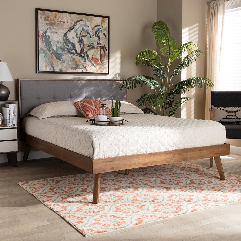 Light Grey Fabric Upholstered Walnut Brown Finished Wood King Size Platform Bed. Picture 16