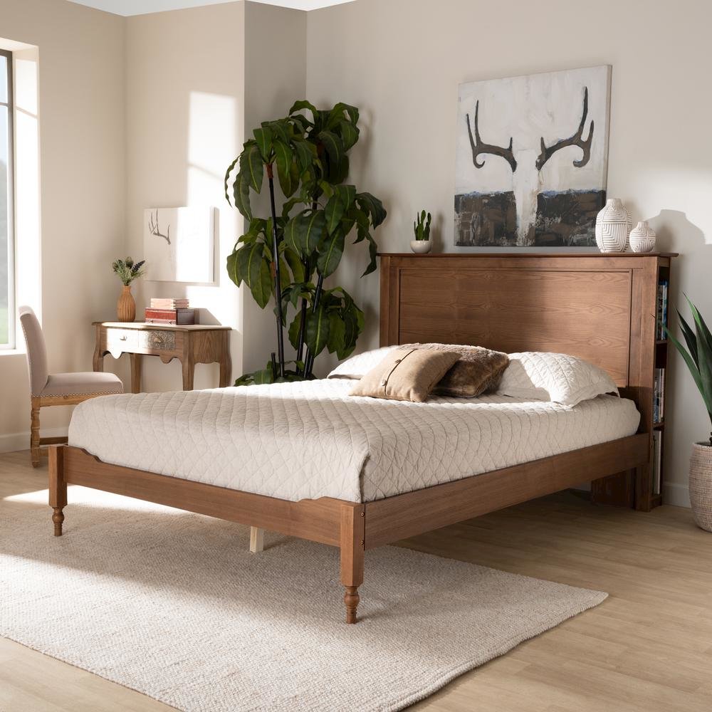 Walnut Brown Finished Wood King Size Platform Storage Bed with Built-In Shelves. Picture 16