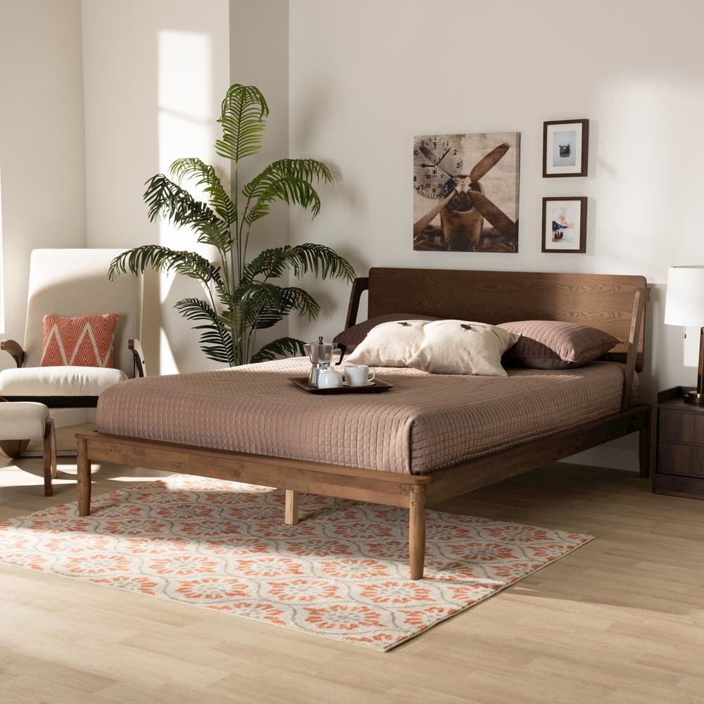 Sadler Mid-Century Modern Ash Walnut Brown Finished Wood King Size Platform Bed. Picture 16
