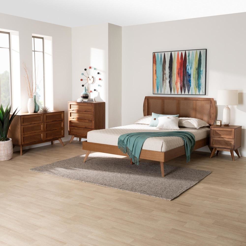 Modern Walnut Brown Finished Wood and Woven Rattan King Size 4-Piece Bedroom Set. Picture 27