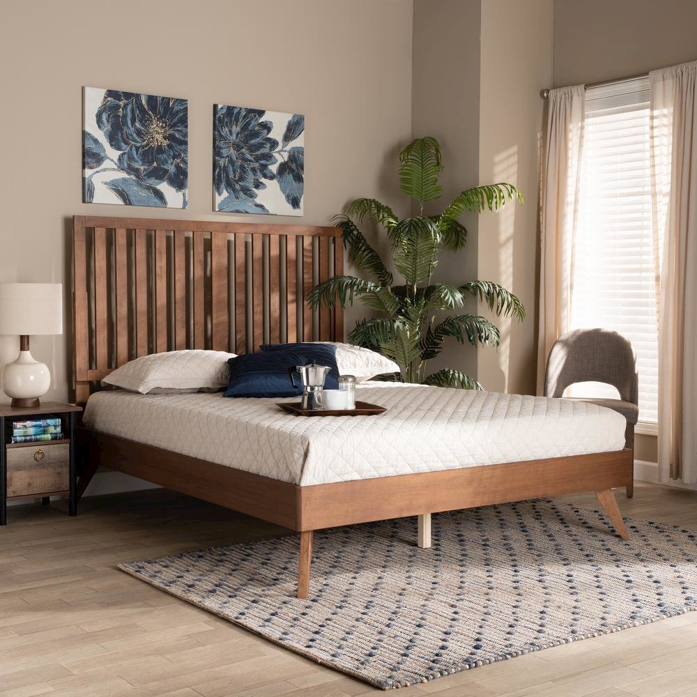 Saki Mid-Century Modern Walnut Brown Finished Wood King Size Platform Bed. Picture 17