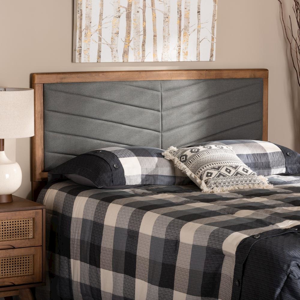 Dark Grey Fabric Upholstered and Walnut Brown Finished Wood Queen Size Headboard. Picture 13
