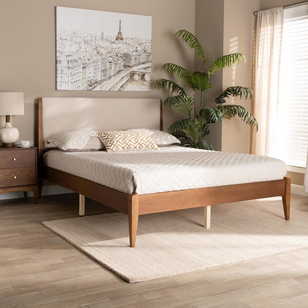 Beige Fabric Upholstered and Walnut Brown Finished Wood King Size Platform Bed. Picture 18