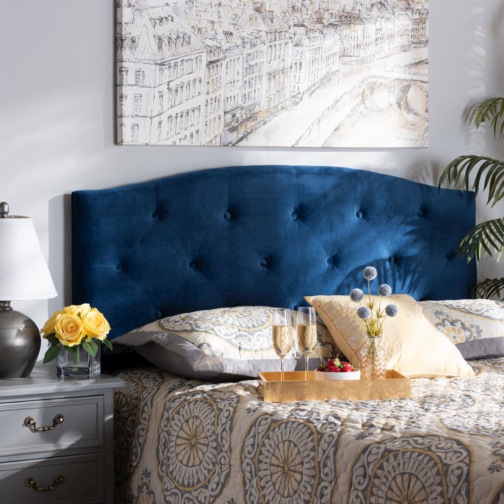 Navy Blue Velvet Fabric Upholstered King Size Headboard. Picture 12