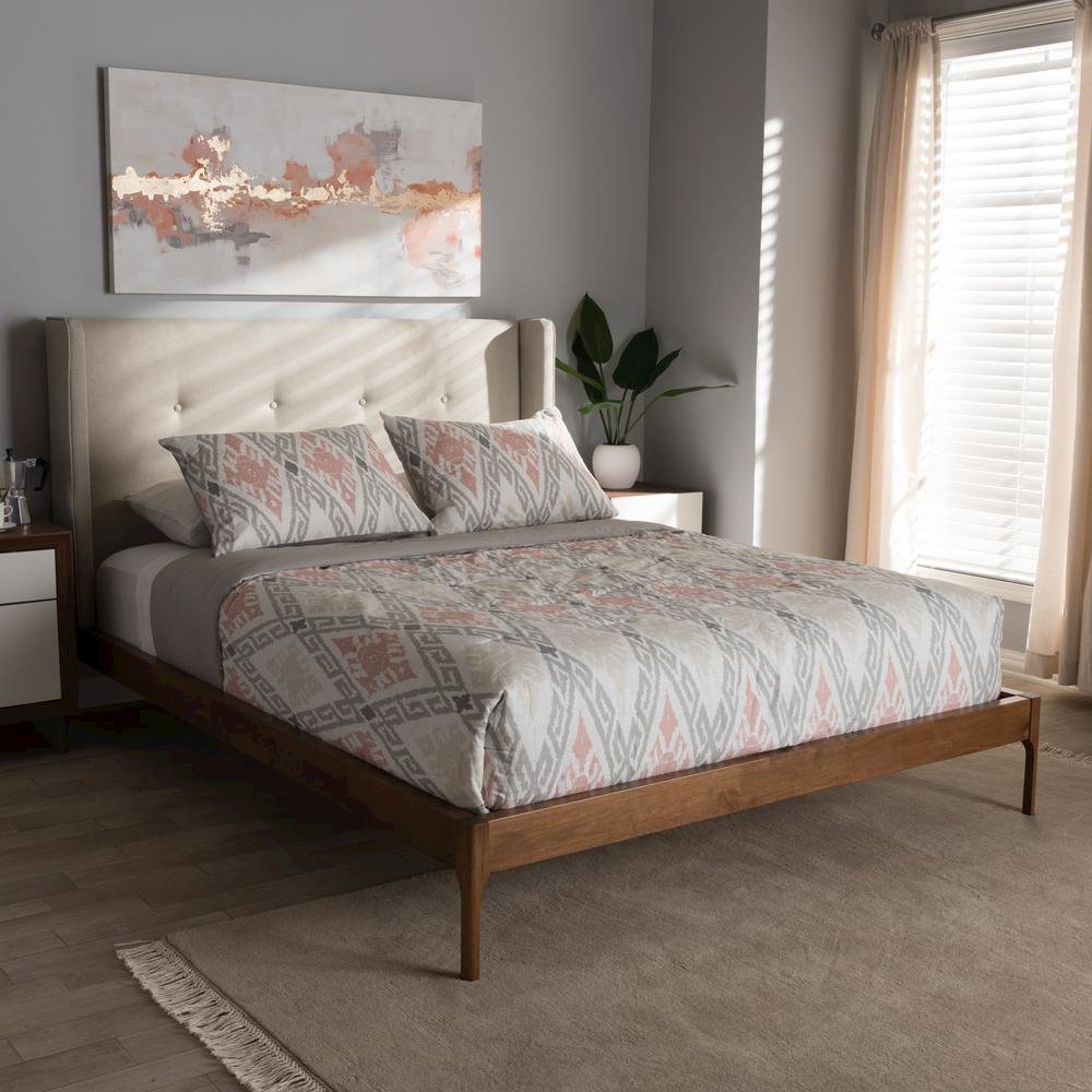 Brooklyn Mid-Century Modern Walnut Wood Beige Fabric King Size Platform Bed. Picture 18