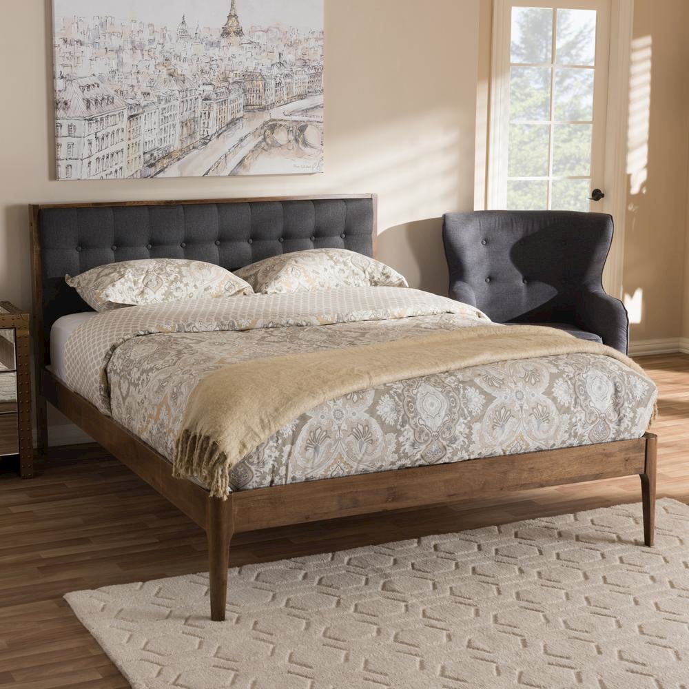 Grey Fabric Upholstered Button-Tufted King Size Platform Bed. Picture 14