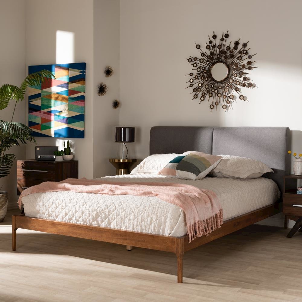 Grey Fabric Upholstered Walnut Finished King Size Platform Bed. Picture 16