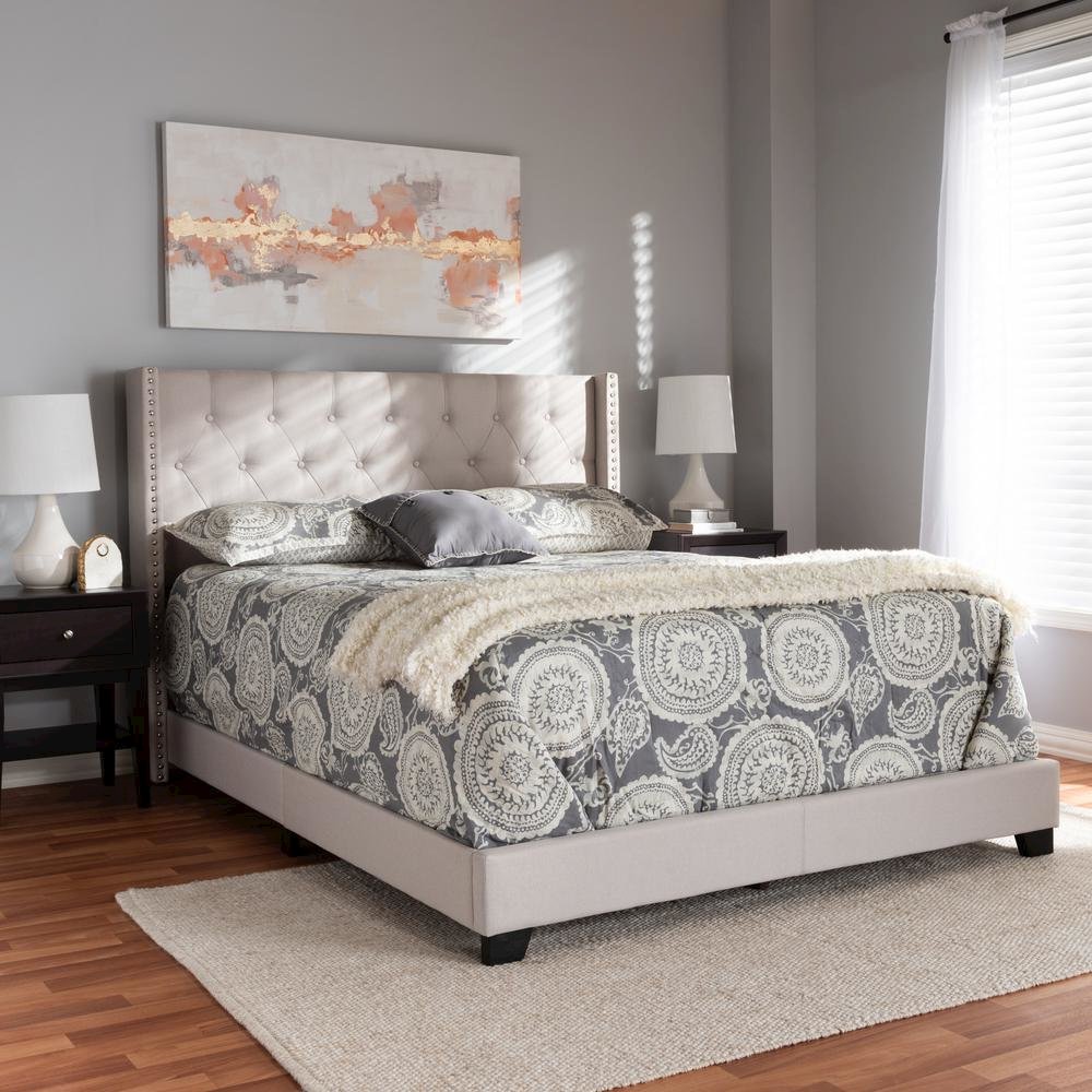 Brady Modern and Contemporary Beige Fabric Upholstered King Size Bed. Picture 16