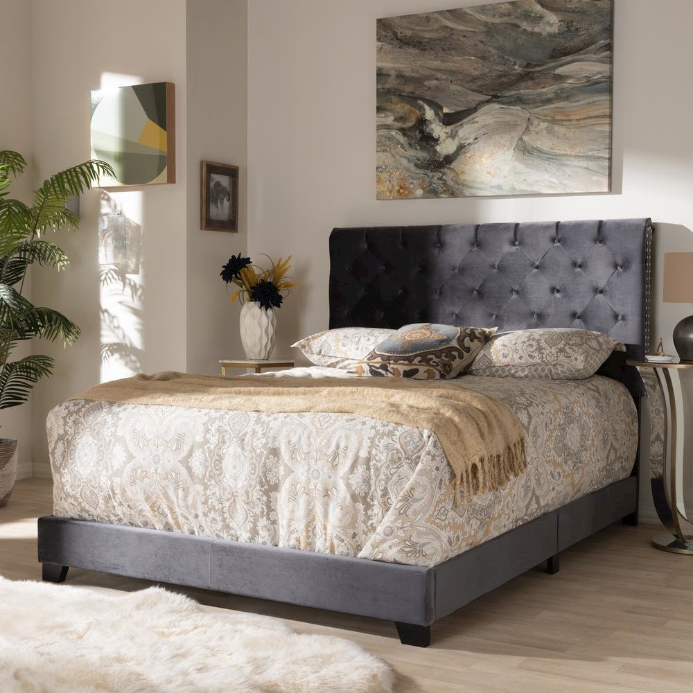 Candace Luxe and Glamour Dark Grey Velvet Upholstered King Size Bed. Picture 16