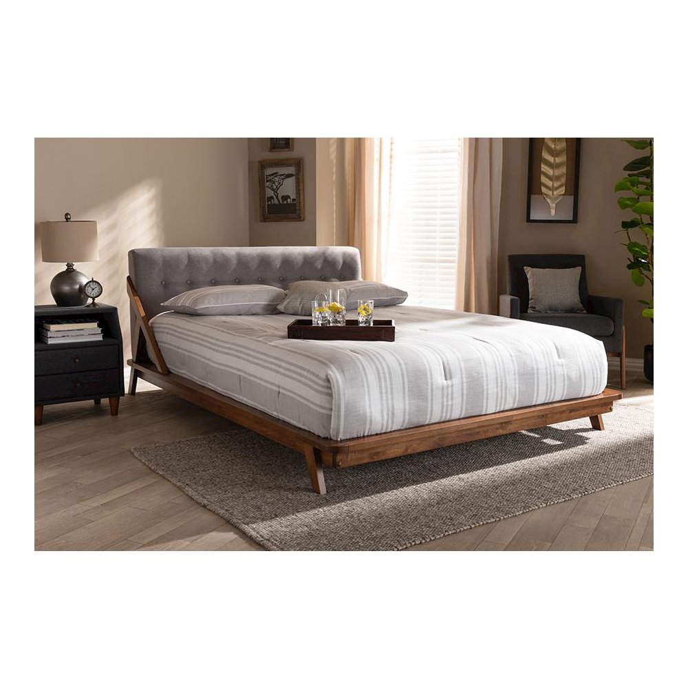 Sante Mid-Century Modern Grey Fabric Upholstered Wood Queen Size Platform Bed. Picture 22