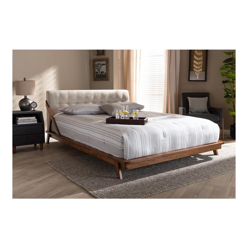 Light Beige Fabric Upholstered Wood Queen Size Platform Bed. Picture 22
