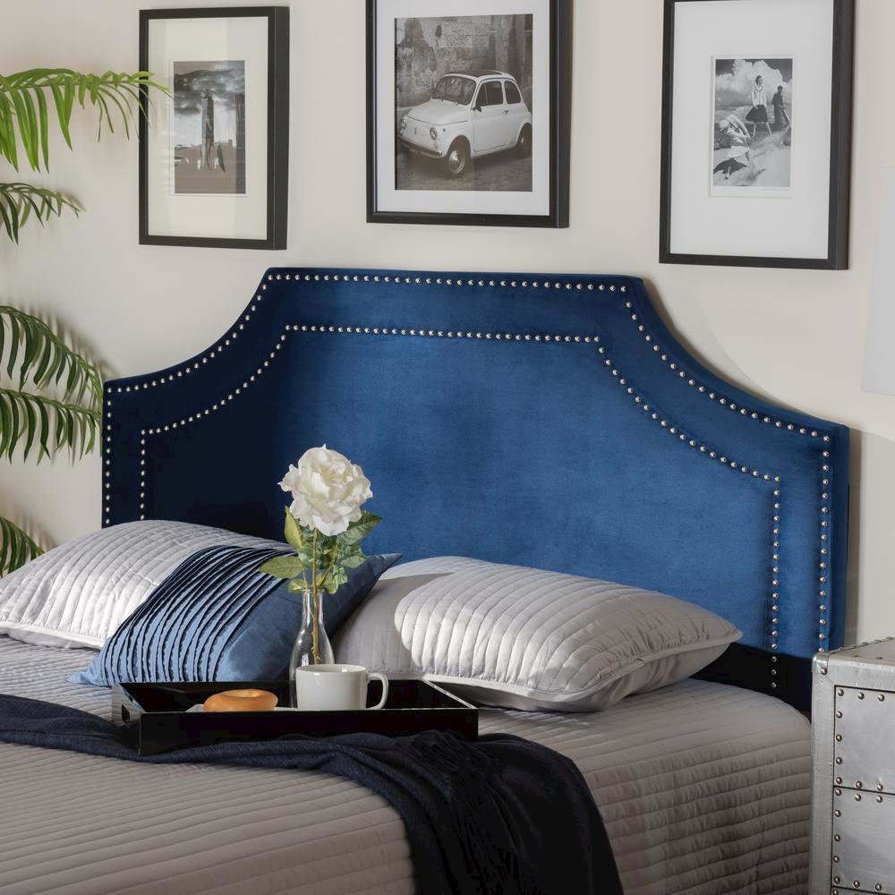 Navy Blue Velvet Fabric Upholstered King Size Headboard. Picture 12