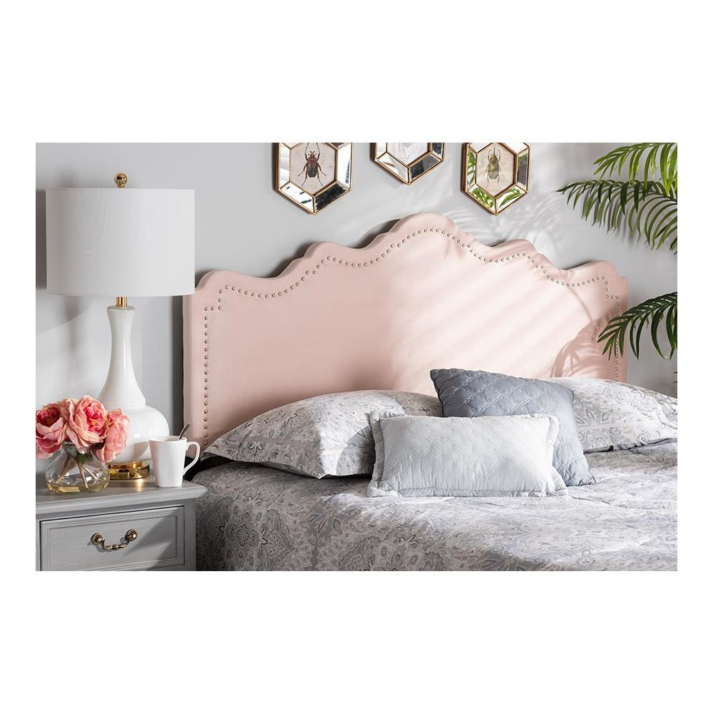 Light Pink Velvet Fabric Upholstered Queen Size Headboard. Picture 17