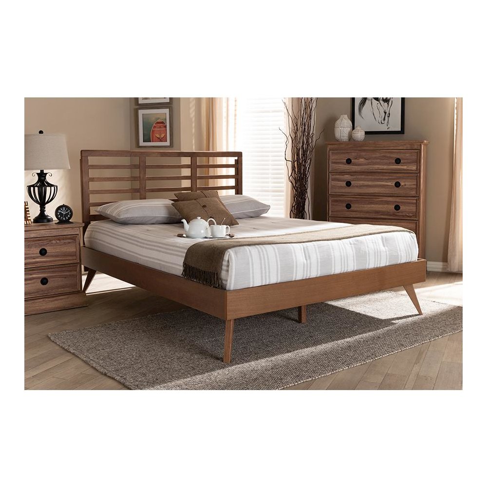 Calisto Mid-Century Modern Walnut Brown Finished Wood Queen Size Platform Bed. Picture 21