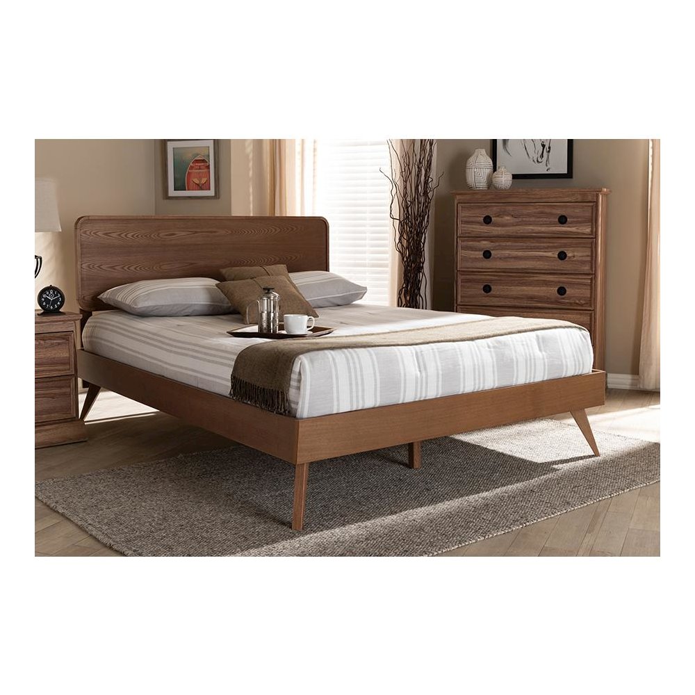 Demeter Mid-Century Modern Walnut Brown Finished Wood Queen Size Platform Bed. Picture 21