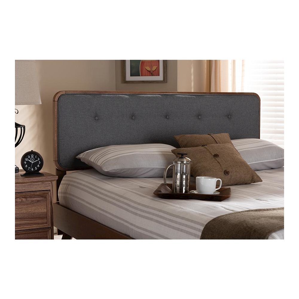 Dark Grey Fabric Upholstered Walnut Brown Finished Wood Queen Size Headboard. Picture 17