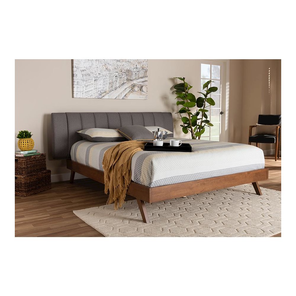 Grey Fabric Upholstered Walnut Finished Wood King Size Bed. Picture 19