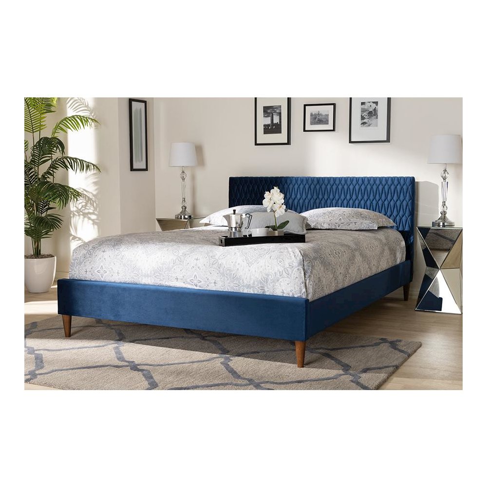 Frida Glam and Luxe Royal Blue Velvet Fabric Upholstered Queen Size Bed. Picture 19