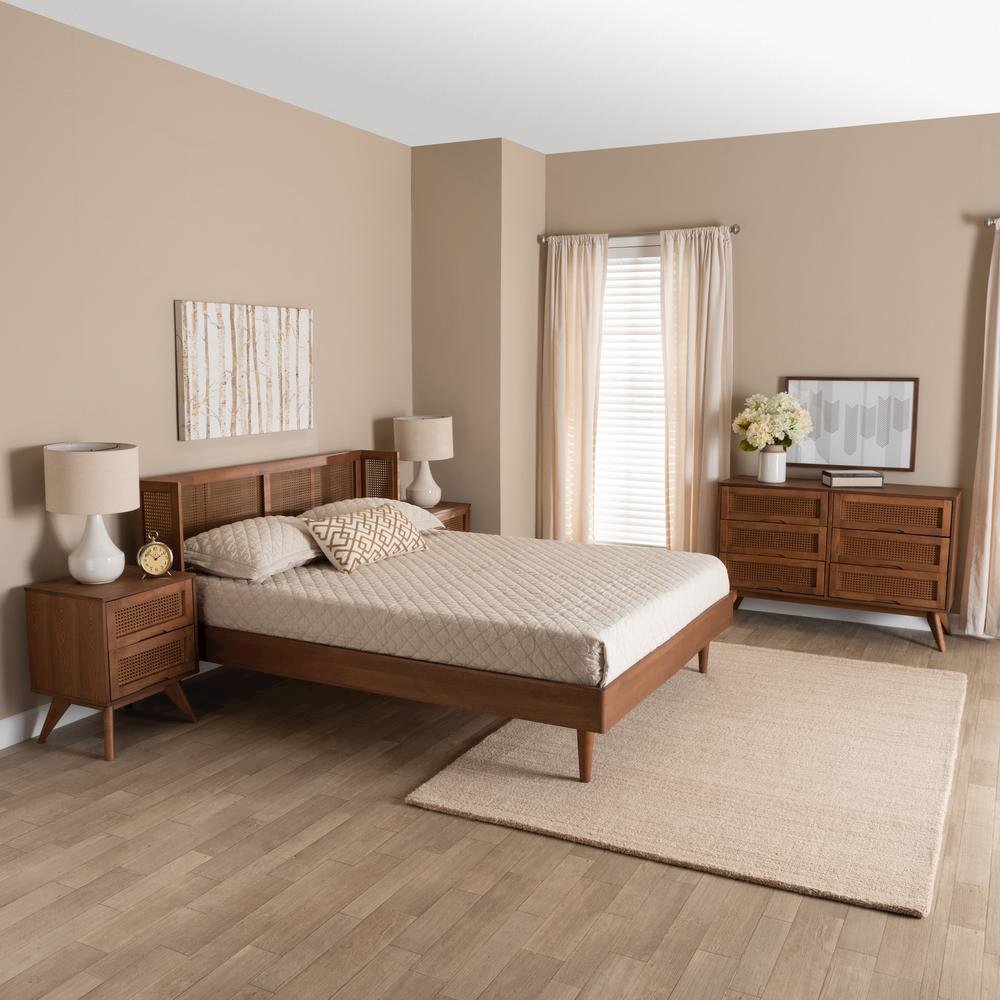 Ash Walnut Finished Wood 4-Piece King Size Bedroom Set with Synthetic Rattan. Picture 26