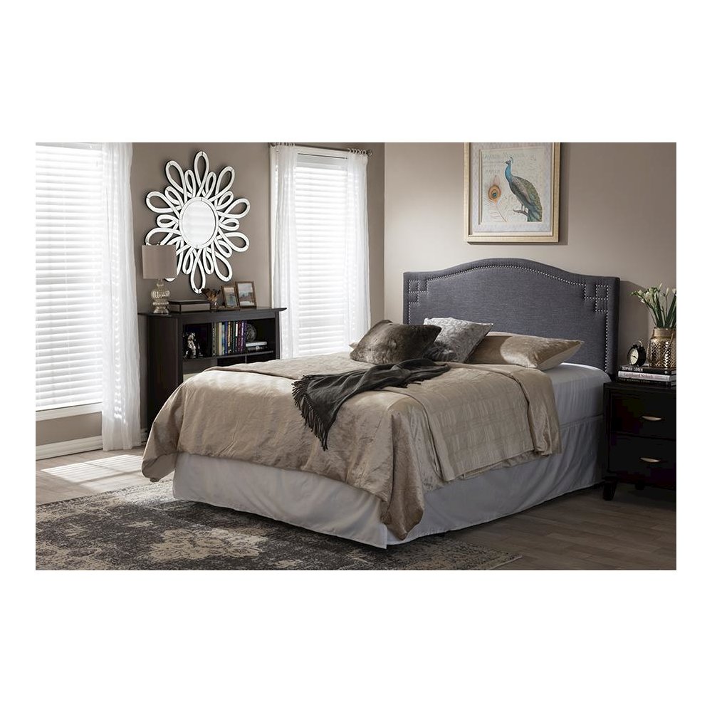 Aubrey Modern and Contemporary Dark Grey Fabric Upholstered Queen Size Headboard. Picture 9
