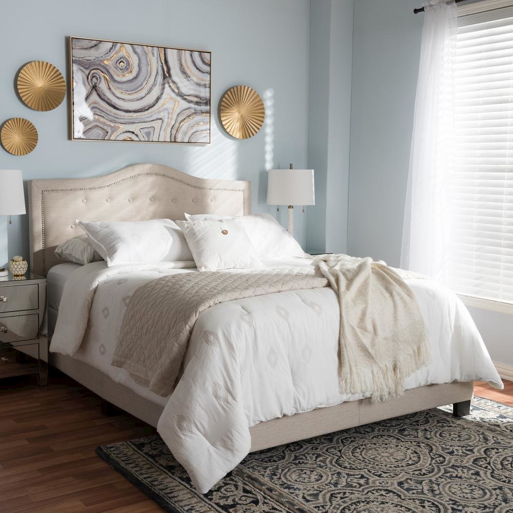 Emerson Modern and Contemporary Light Beige Fabric Upholstered King Size Bed. Picture 14