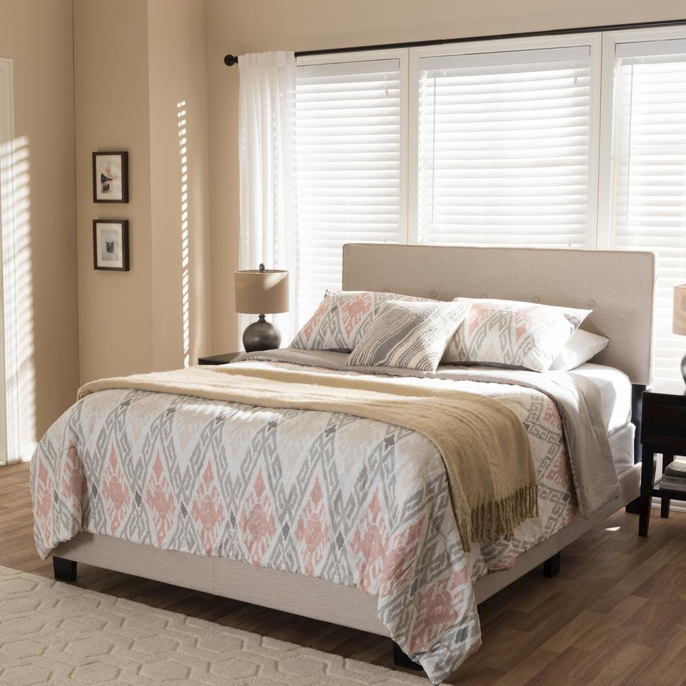 Hampton Modern and Contemporary Light Beige Fabric Upholstered King Size Bed. Picture 14