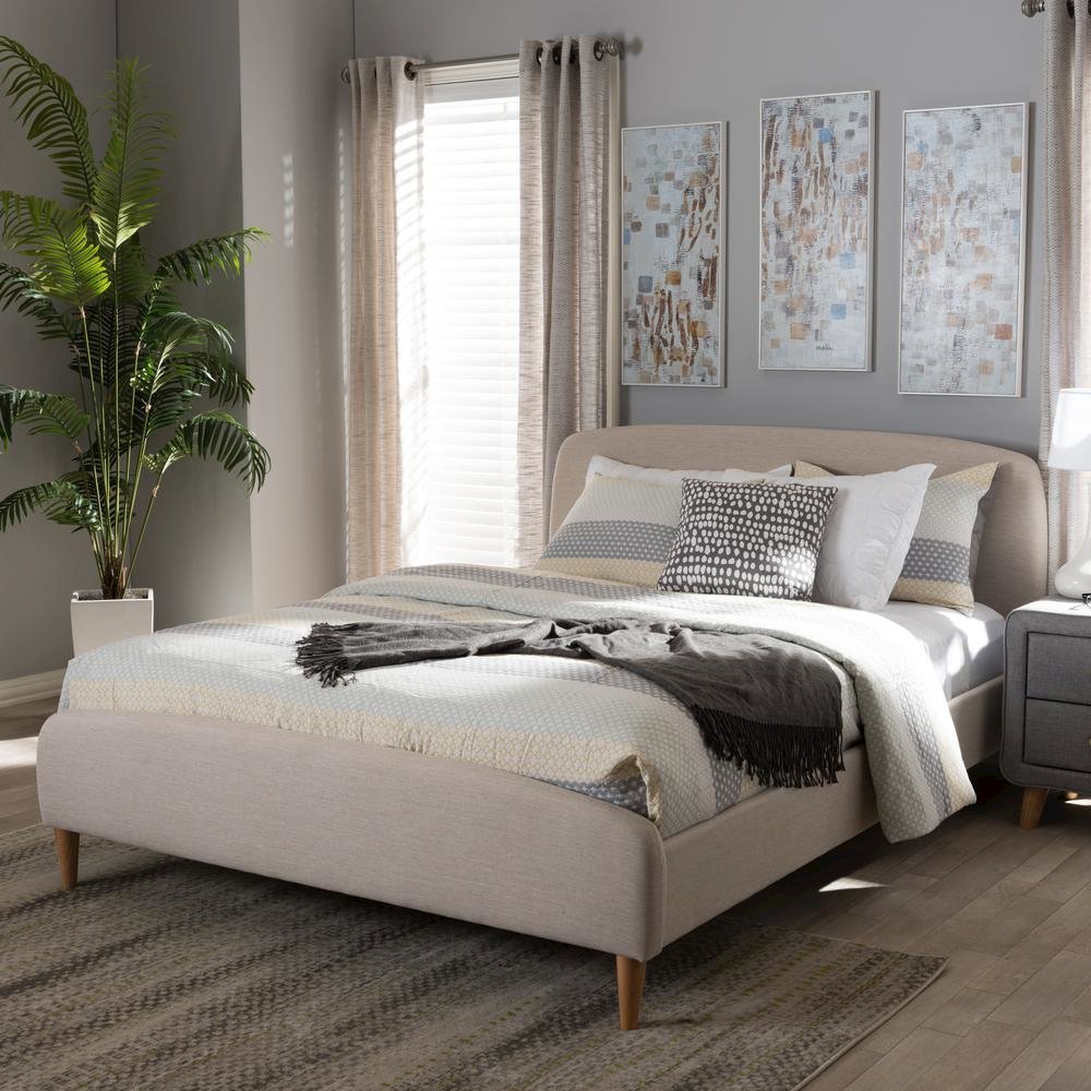 Mia Mid-Century Light Beige Fabric Upholstered King Size Platform Bed. Picture 14