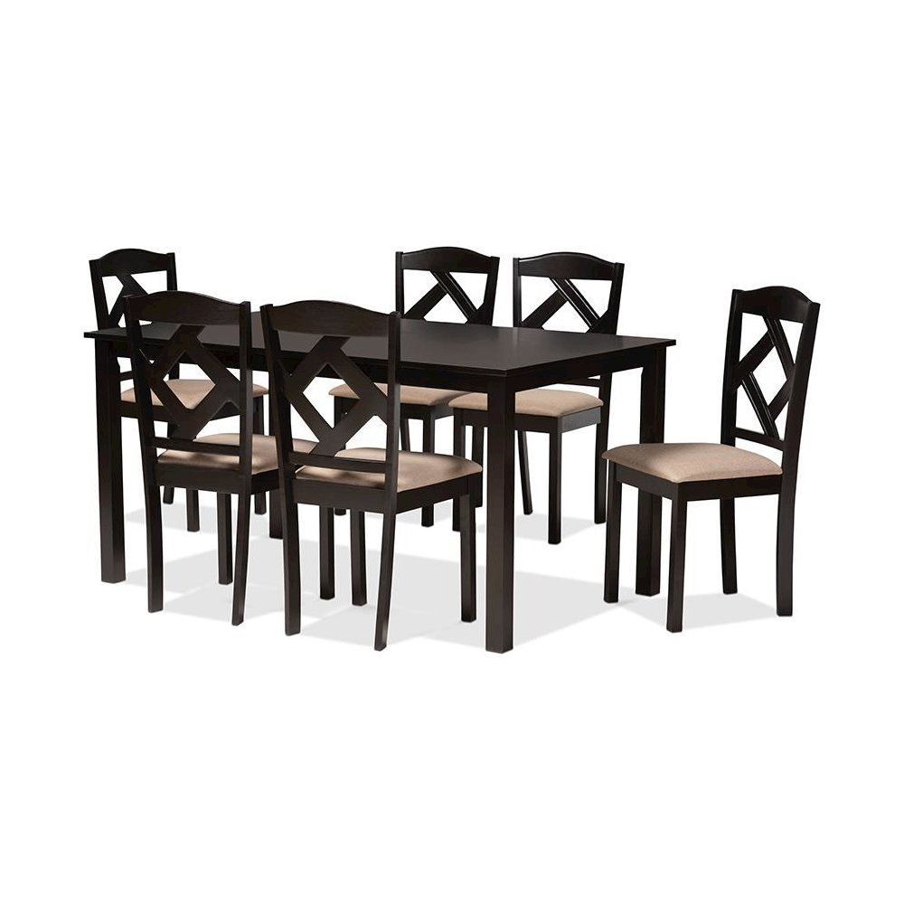 Ruth Sand Fabric Upholstered and Dark Brown Finished Wood 7-Piece Dining Set. Picture 1