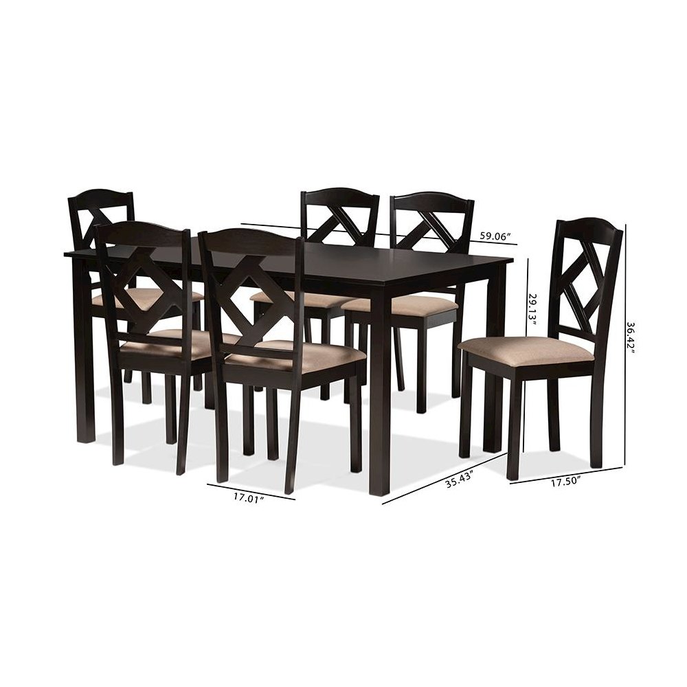 Ruth Sand Fabric Upholstered and Dark Brown Finished Wood 7-Piece Dining Set. Picture 10