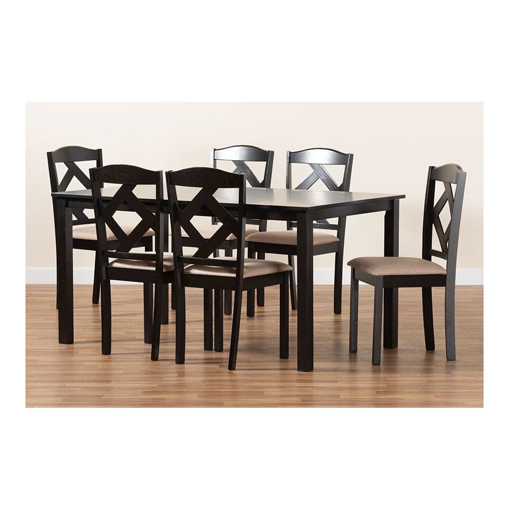 Ruth Sand Fabric Upholstered and Dark Brown Finished Wood 7-Piece Dining Set. Picture 9