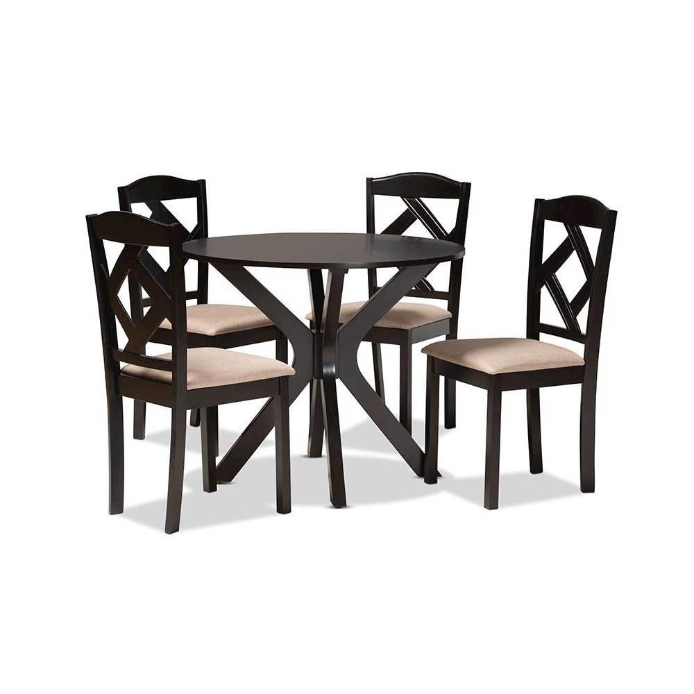 Carlin Sand Fabric Upholstered and Dark Brown Finished Wood 5-Piece Dining Set. Picture 1