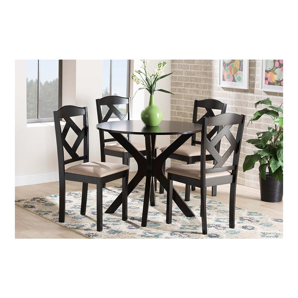 Carlin Sand Fabric Upholstered and Dark Brown Finished Wood 5-Piece Dining Set. Picture 8