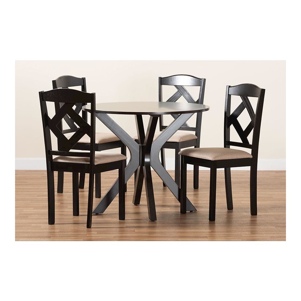 Carlin Sand Fabric Upholstered and Dark Brown Finished Wood 5-Piece Dining Set. Picture 9