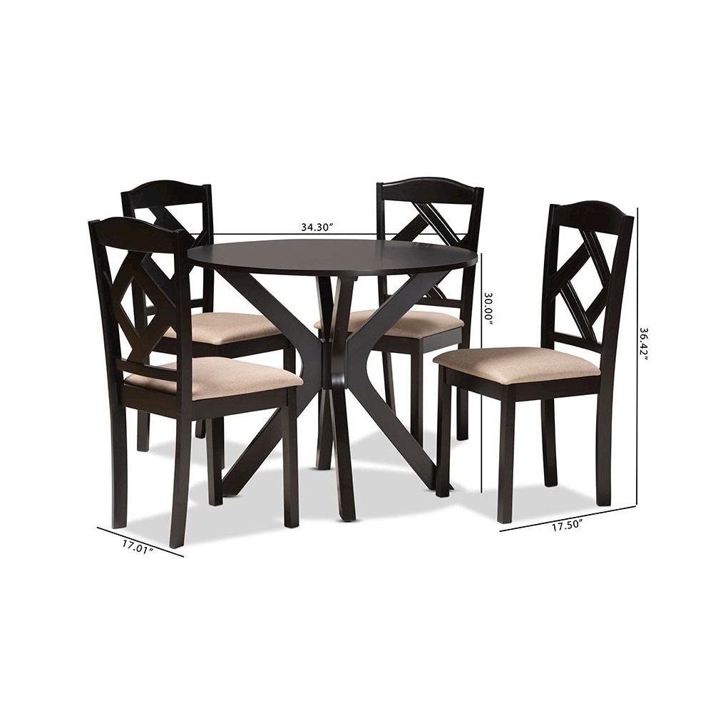 Carlin Sand Fabric Upholstered and Dark Brown Finished Wood 5-Piece Dining Set. Picture 10
