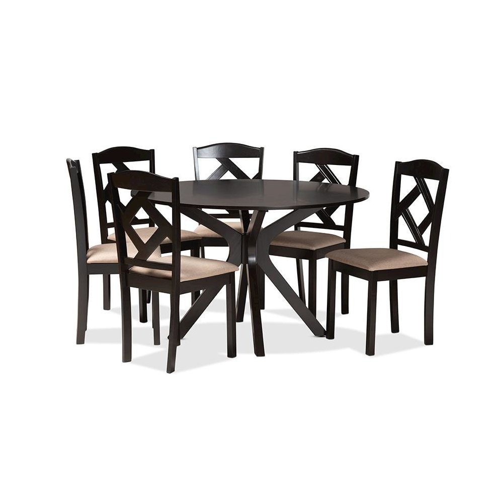 Carlin Sand Fabric Upholstered and Dark Brown Finished Wood 7-Piece Dining Set. Picture 1