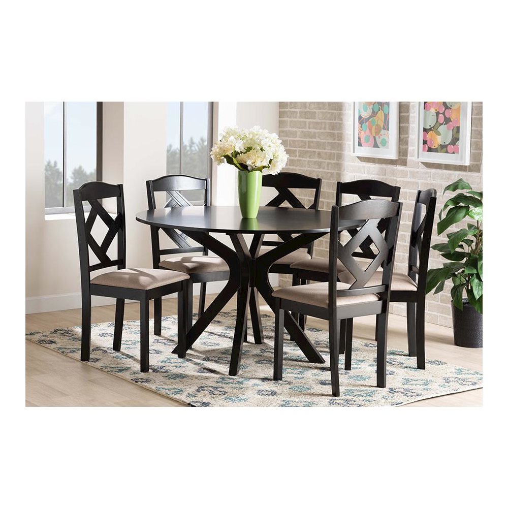 Carlin Sand Fabric Upholstered and Dark Brown Finished Wood 7-Piece Dining Set. Picture 8