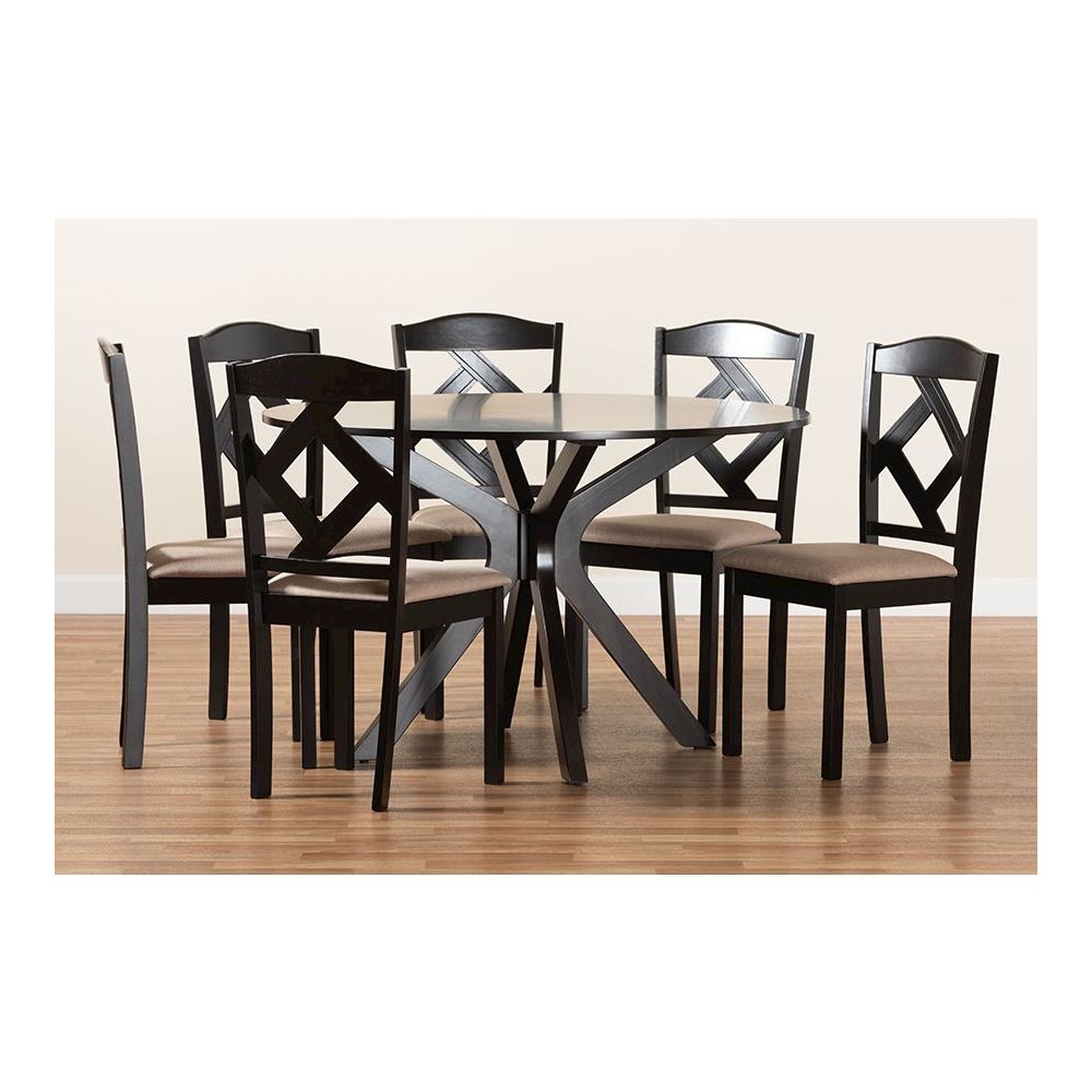 Carlin Sand Fabric Upholstered and Dark Brown Finished Wood 7-Piece Dining Set. Picture 9