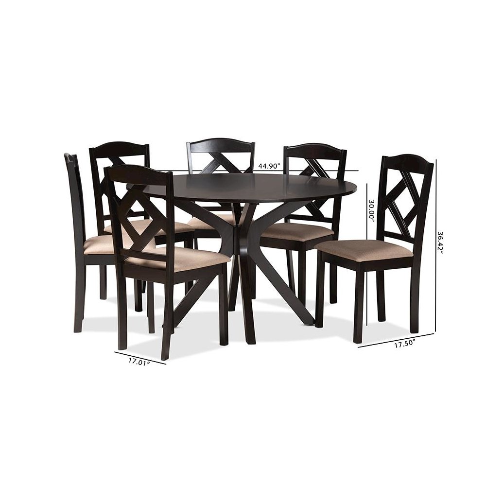 Carlin Sand Fabric Upholstered and Dark Brown Finished Wood 7-Piece Dining Set. Picture 10