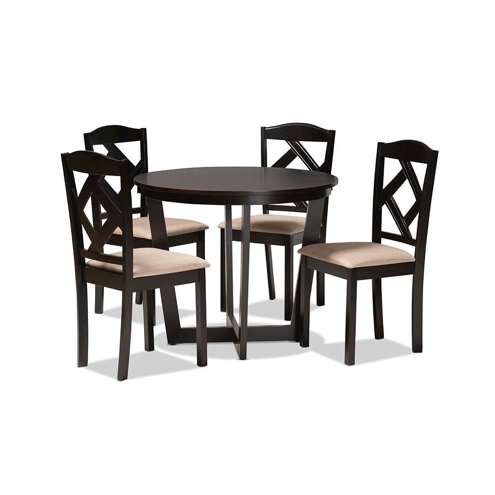 Morigan Sand Fabric Upholstered and Dark Brown Finished Wood 5-Piece Dining Set. Picture 1