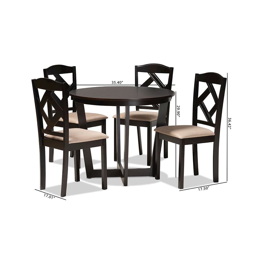Morigan Sand Fabric Upholstered and Dark Brown Finished Wood 5-Piece Dining Set. Picture 10