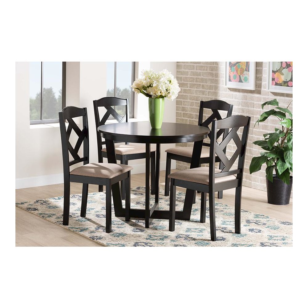 Morigan Sand Fabric Upholstered and Dark Brown Finished Wood 5-Piece Dining Set. Picture 8