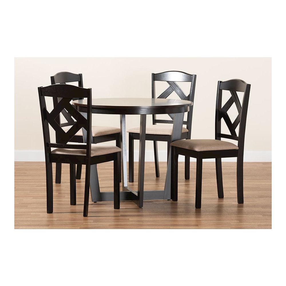 Morigan Sand Fabric Upholstered and Dark Brown Finished Wood 5-Piece Dining Set. Picture 9