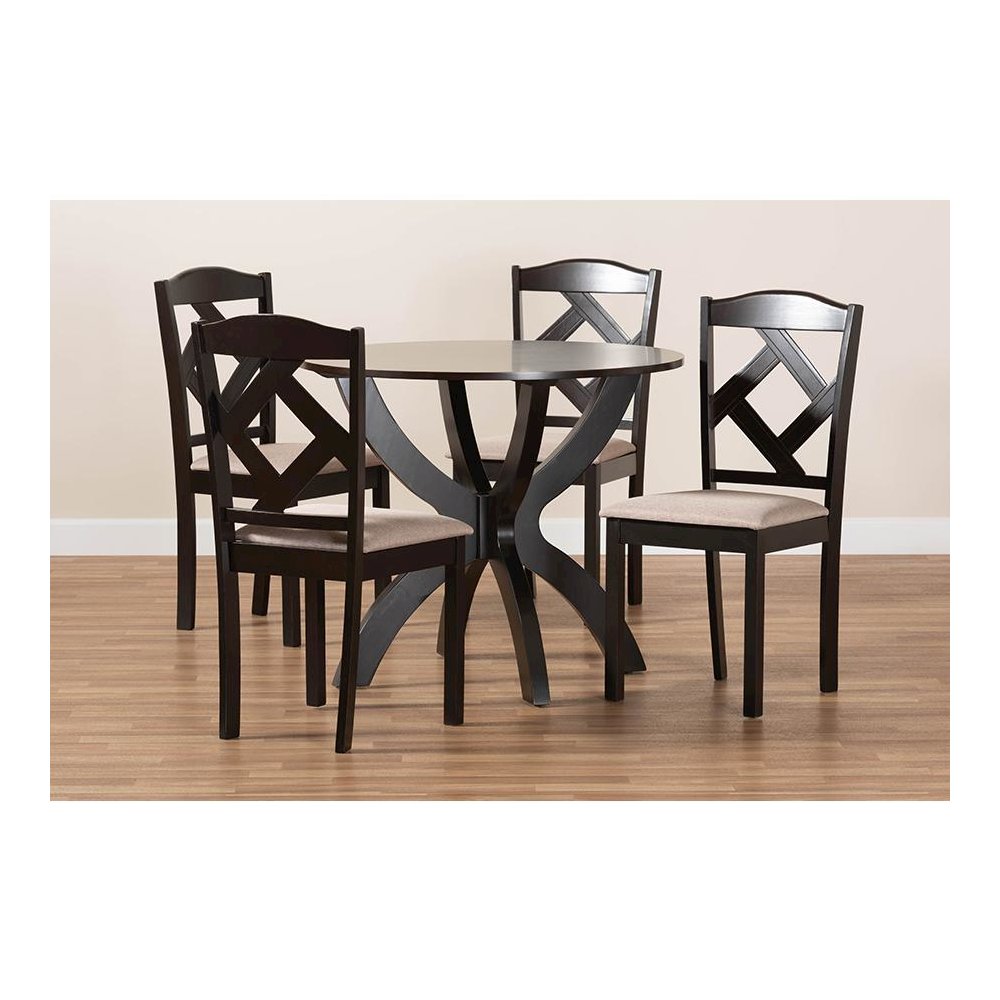 Sand Fabric Upholstered and Dark Brown Finished Wood 5-Piece Dining Set. Picture 8