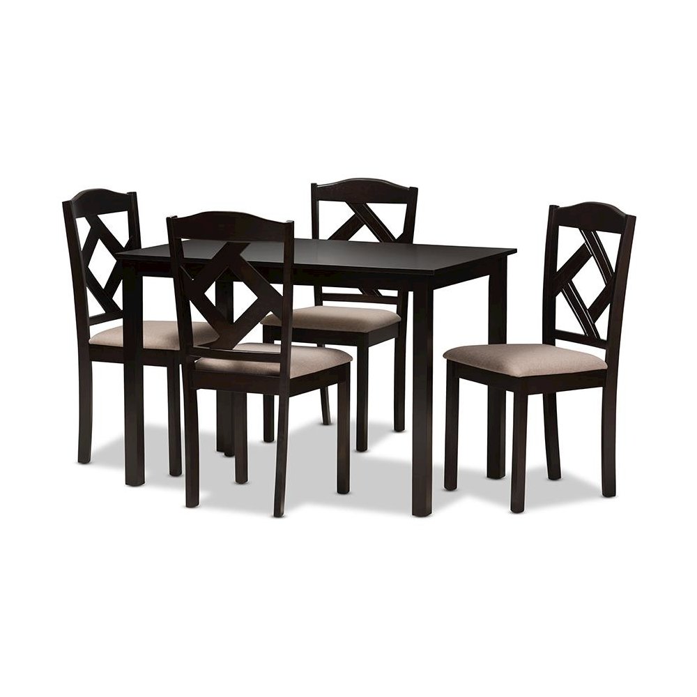 Beige Fabric Upholstered and Dark Brown Finished 5-Piece Dining Set. Picture 1