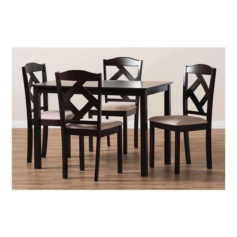 Beige Fabric Upholstered and Dark Brown Finished 5-Piece Dining Set. Picture 6