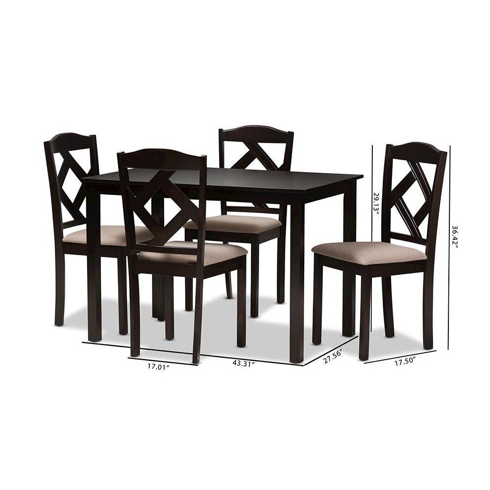 Beige Fabric Upholstered and Dark Brown Finished 5-Piece Dining Set. Picture 7