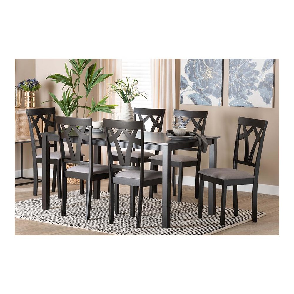 Sylvia Modern Grey Fabric and Dark Brown Finished Wood 7-Piece Dining Set. Picture 8