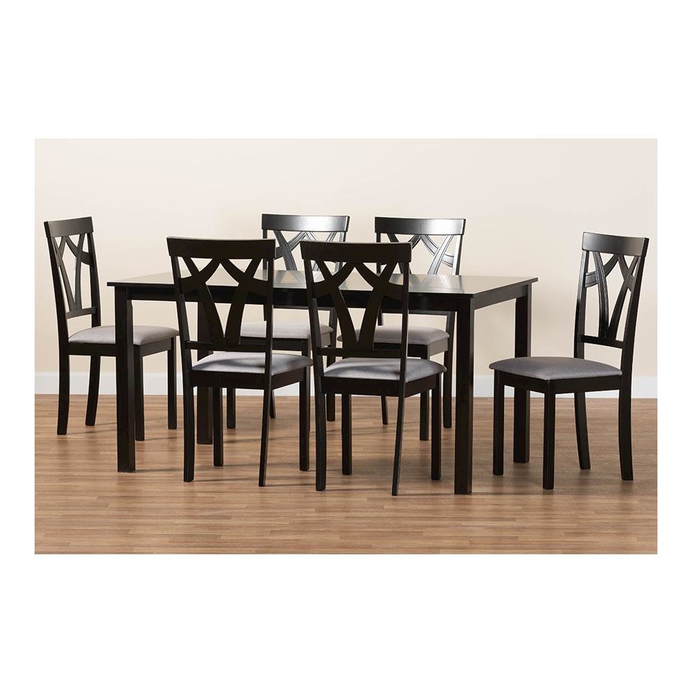 Sylvia Modern Grey Fabric and Dark Brown Finished Wood 7-Piece Dining Set. Picture 9