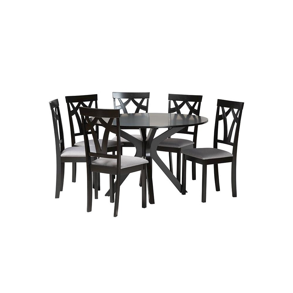 Luise Modern Grey Fabric and Dark Brown Finished Wood 7-Piece Dining Set. Picture 1