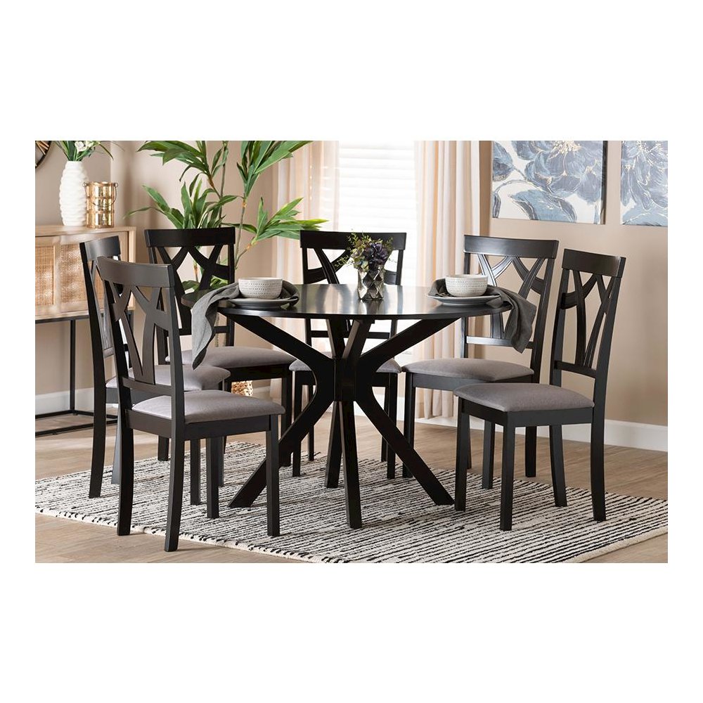 Luise Modern Grey Fabric and Dark Brown Finished Wood 7-Piece Dining Set. Picture 8